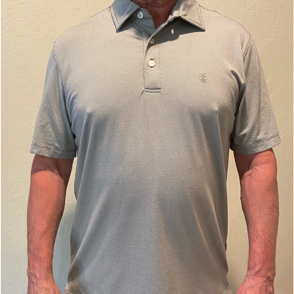 IZOD Mens Polo Shirt Gray & White Horizontal Pinstripes NWOT Perfect Condition M